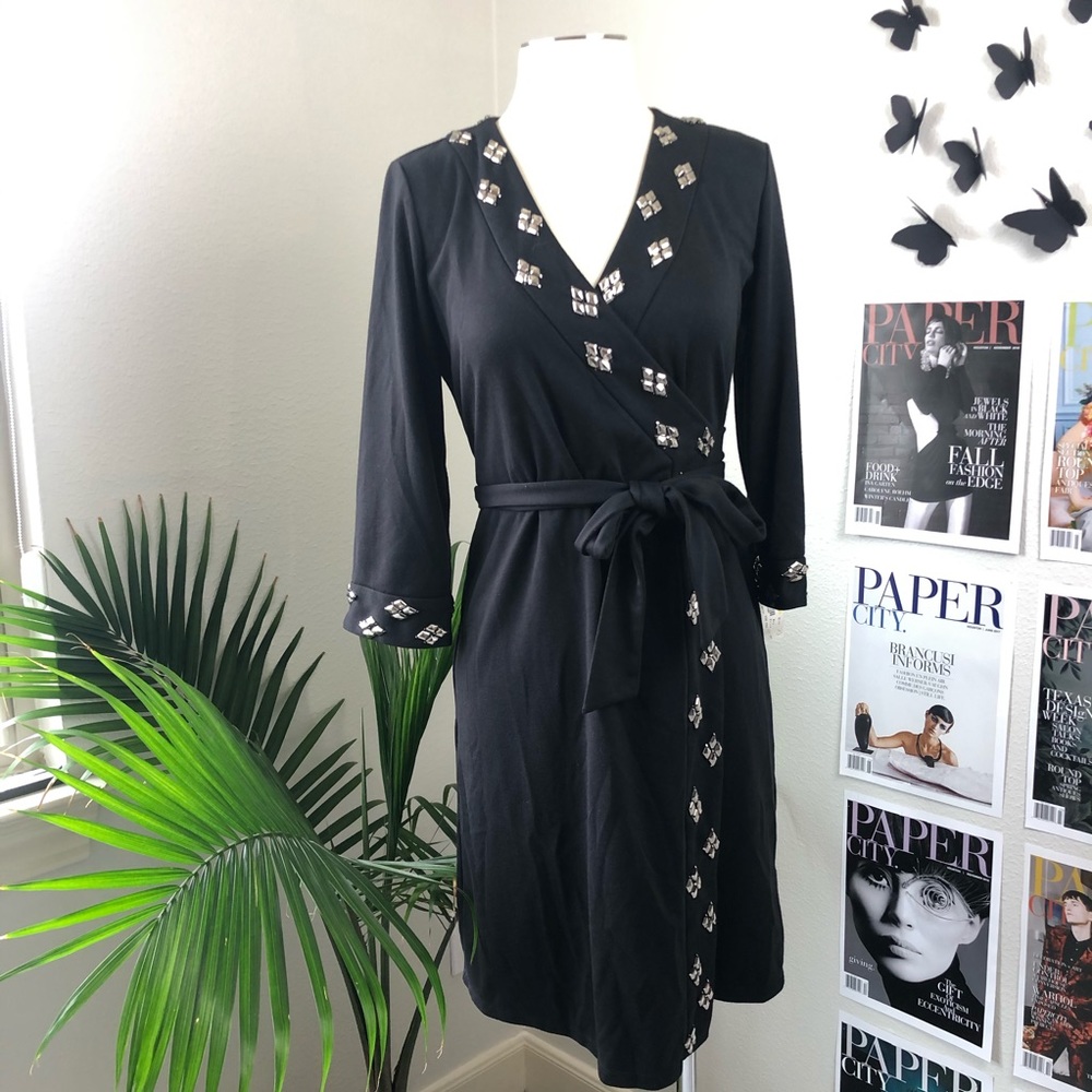 DOULOU DE LA FALAIS BLACK STUDDED MIDI WRAP DRESS